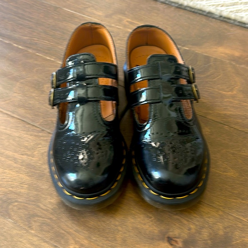 Dr. Martens Stylish Black Patent Leather Shoes with Double Buckle, ladies size 6